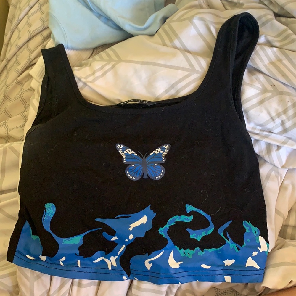 shein black tank top with blue butterfly and waves